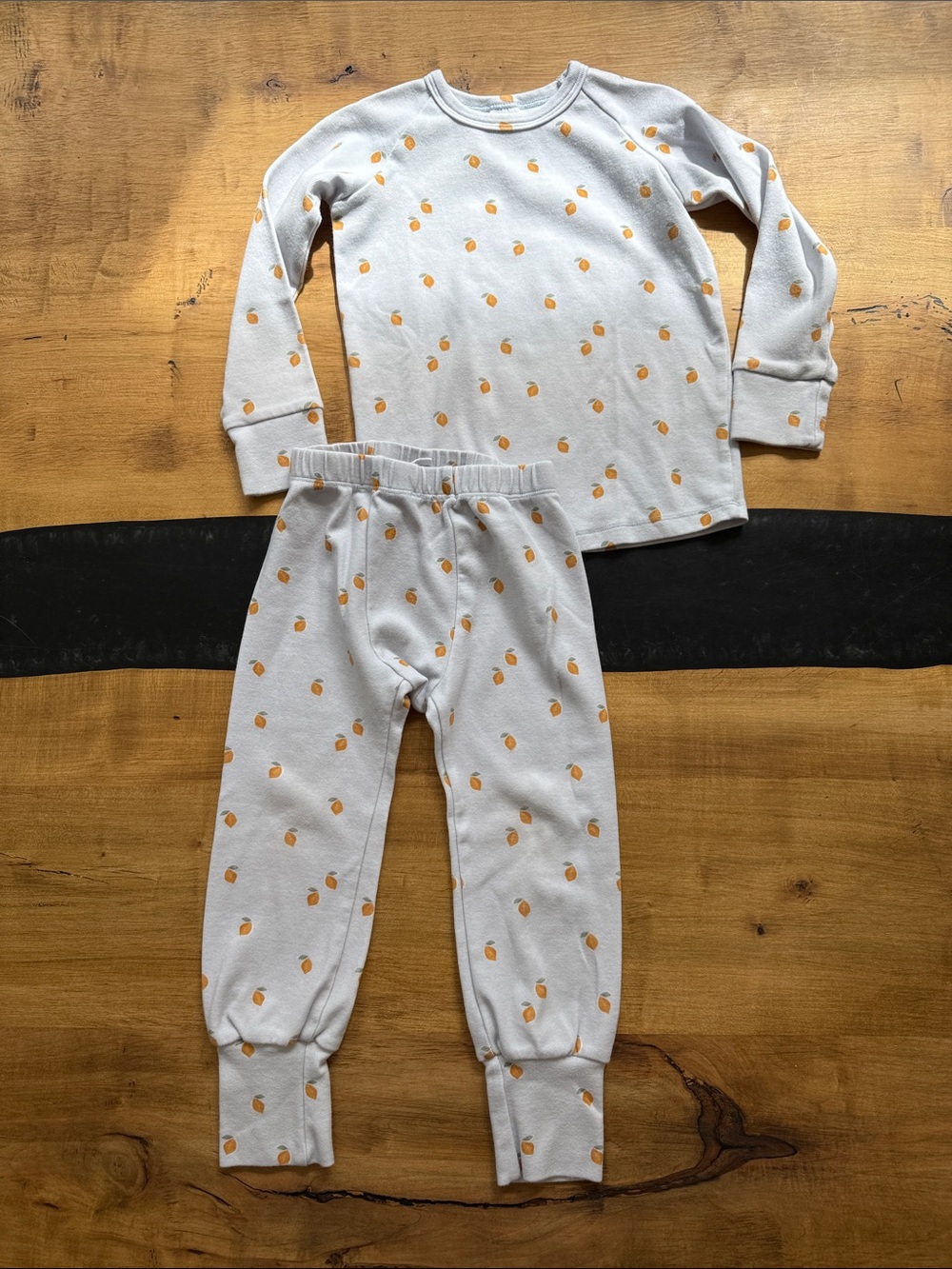 Kids Long Sleeve Pajama Set with lemon print - orange and pale blue
